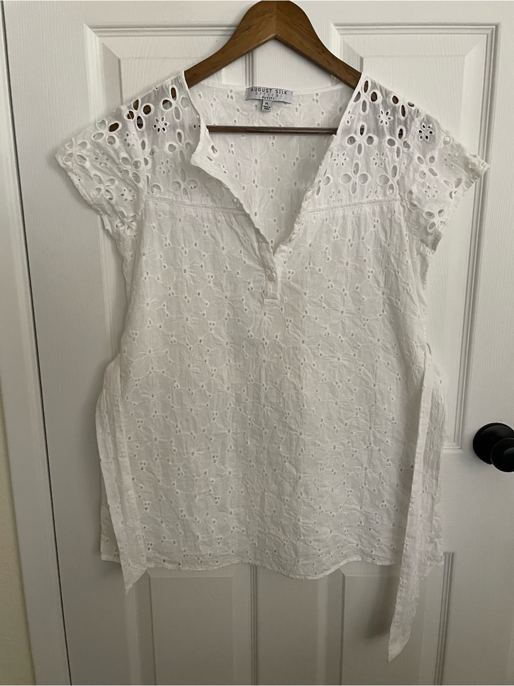 August Silk White Eyelet Cotton Blouse Split Neck Petite Large PL
